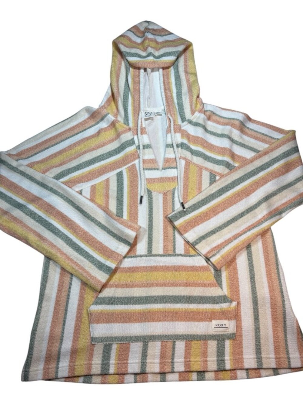 Roxy Striped Pullover Hoodie Kangaroo Pocket Pastel Rainbow Size Medium